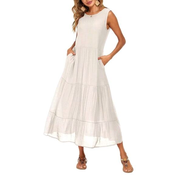 Halife Women's Maxi Dress Flowy Ruffle Boho Long Ivory Small Cottagecore Neutral - Picture 1 of 12